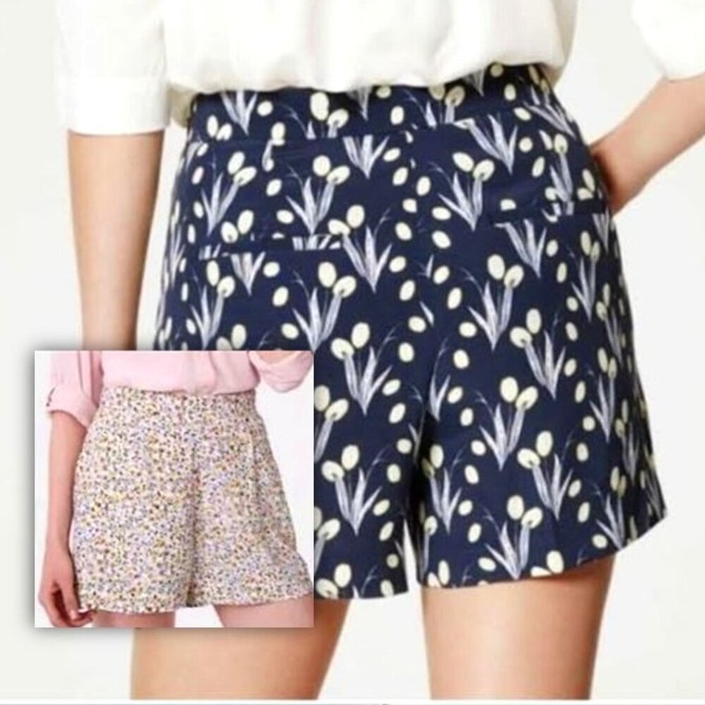LOFT Rayon Pleated Navy Floral City Shorts - Size 2